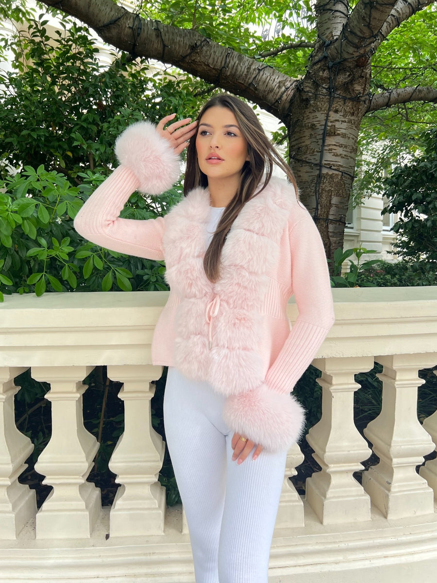 Pink Premium Faux Fur Trimmed Cardigan H L