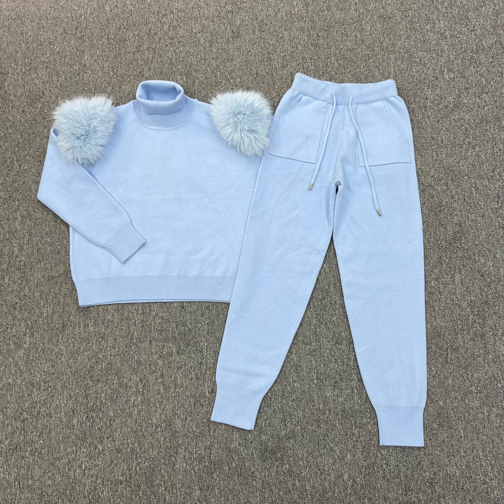 Baby Blue Faux Fur Shoulder Roll Neck Jogger Tracksuit - H&L