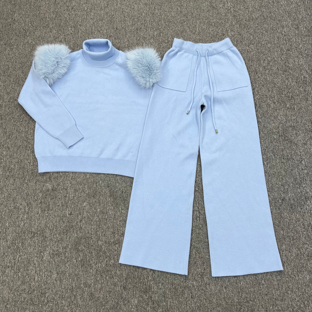 Baby Blue Faux Fur Shoulder Wide Leg Tracksuit - H&L