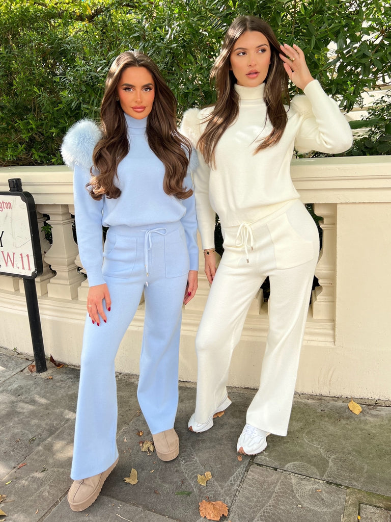 Baby Blue Faux Fur Shoulder Wide Leg Tracksuit - H&L