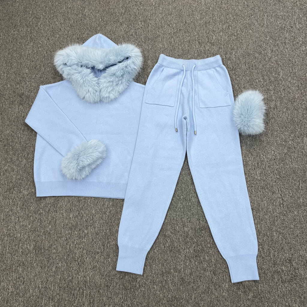 Baby Blue Faux Fur Trim Hood & Cuff Tracksuit - H&L