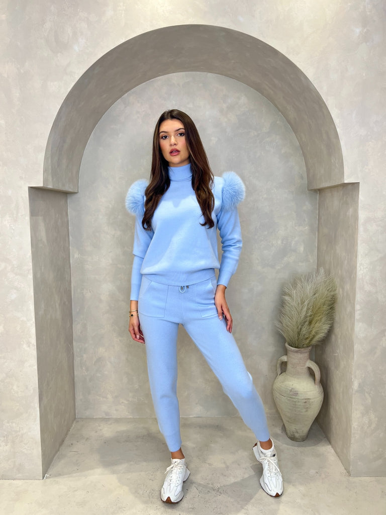 Baby Blue Luxury Fur Roll Neck Jogger Tracksuit - H&L