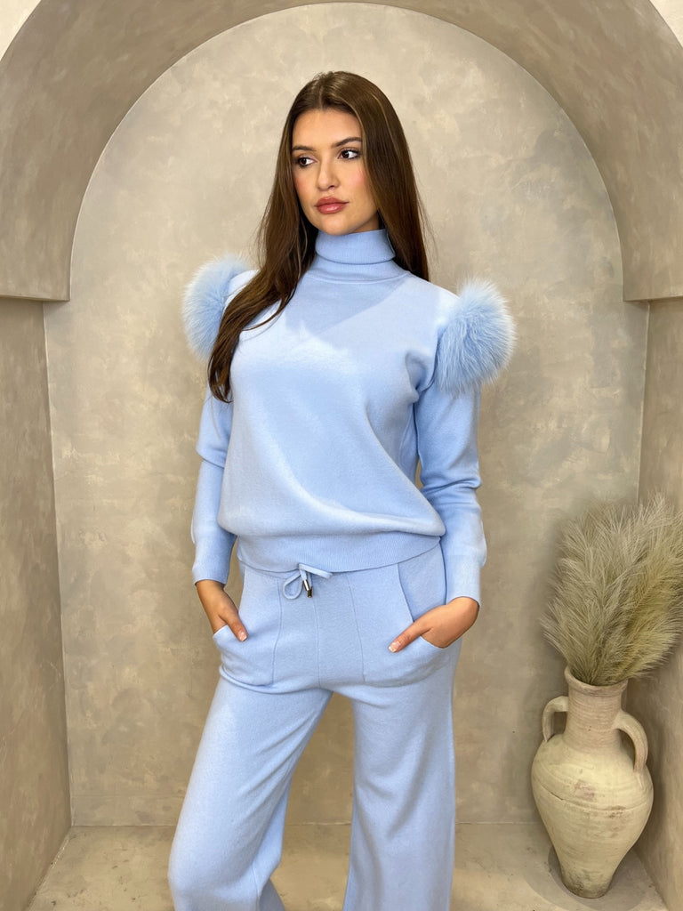 Baby Blue Luxury Fur Roll Neck Wide Leg Tracksuit - H&L