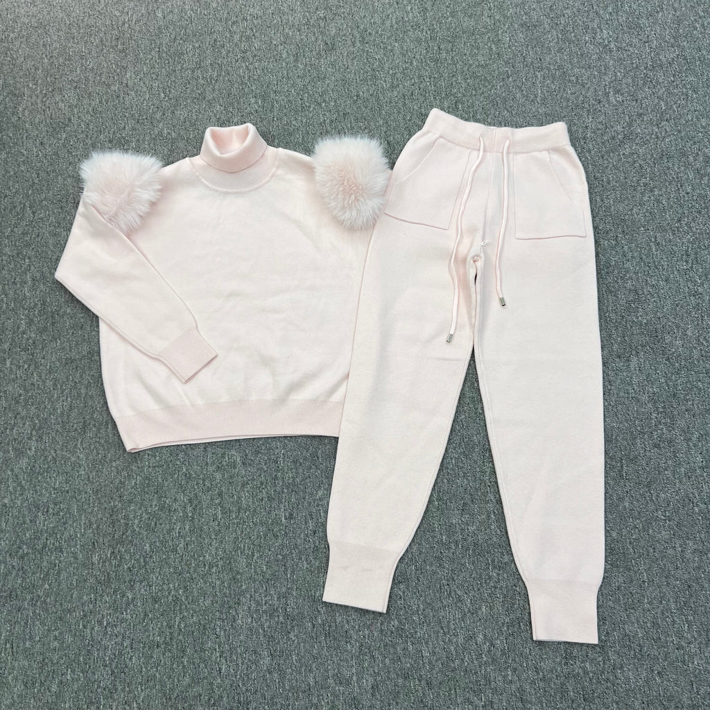 Baby Pink Faux Fur Shoulder Roll Neck Jogger Tracksuit - H&L