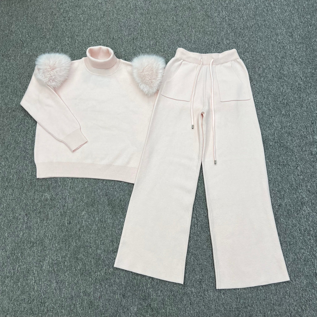 Baby Pink Faux Fur Shoulder Wide Leg Tracksuit - H&L