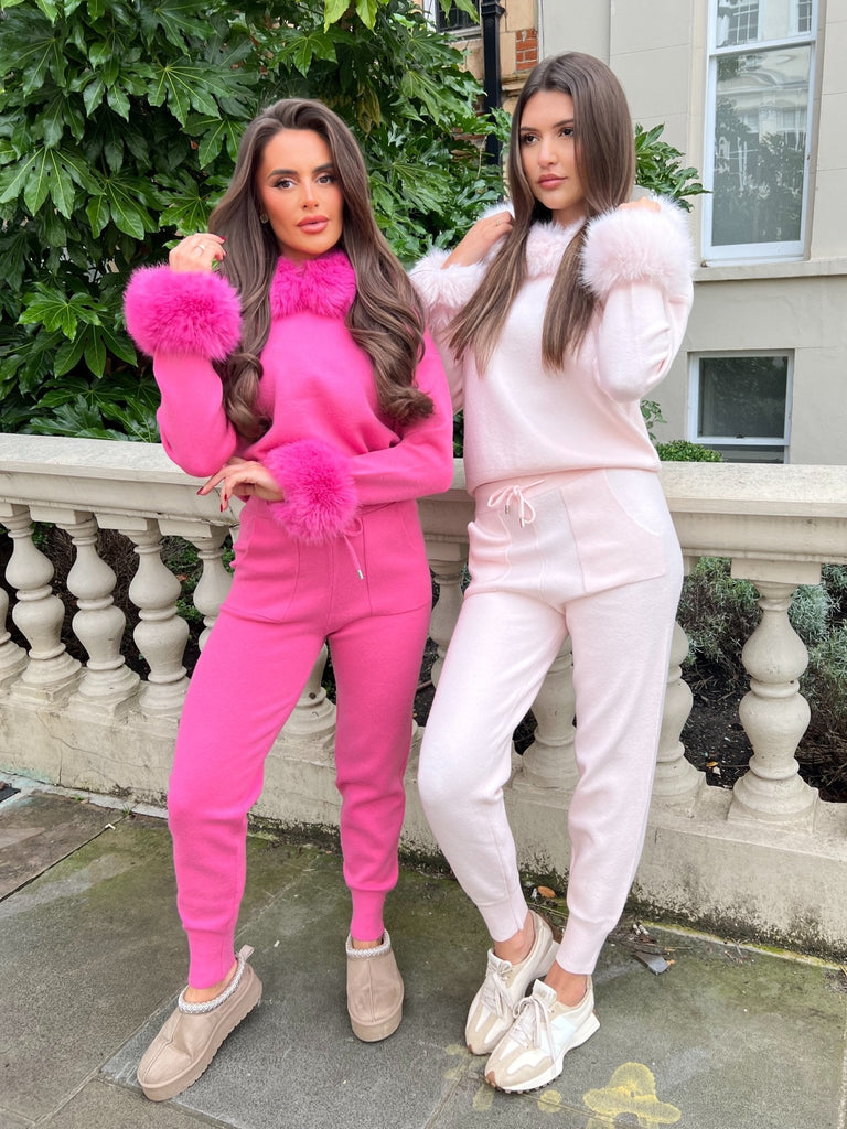 Baby Pink Faux Fur Trim Hood & Cuff Tracksuit - H&L