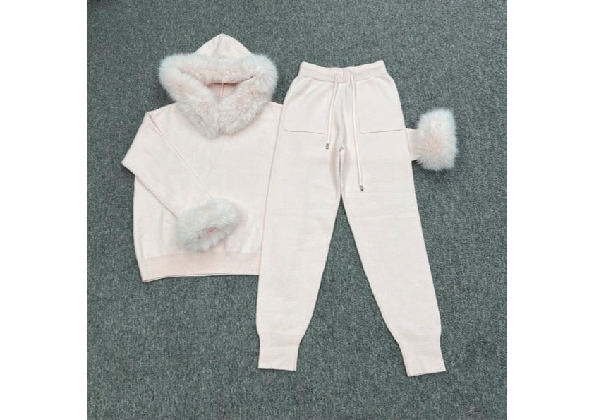 Baby Pink Faux Fur Trim Hood & Cuff Tracksuit - H&L