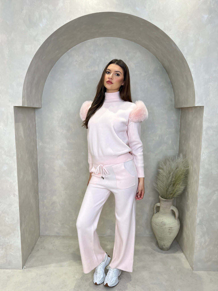 Baby Pink Luxury Fur Roll Neck Wide Leg Tracksuit - H&L