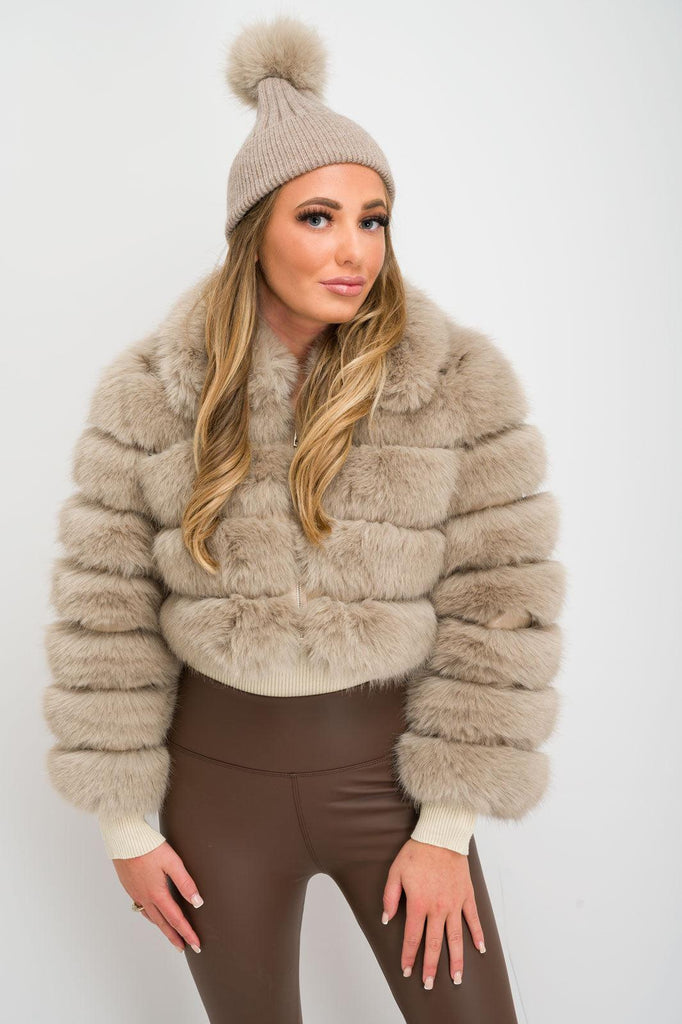 Beige Collared Cropped Premium Faux Fur Jacket - H&L