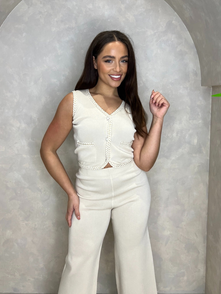 Beige Contrast Waistcoat And Wide Leg Trouser Set - H&L