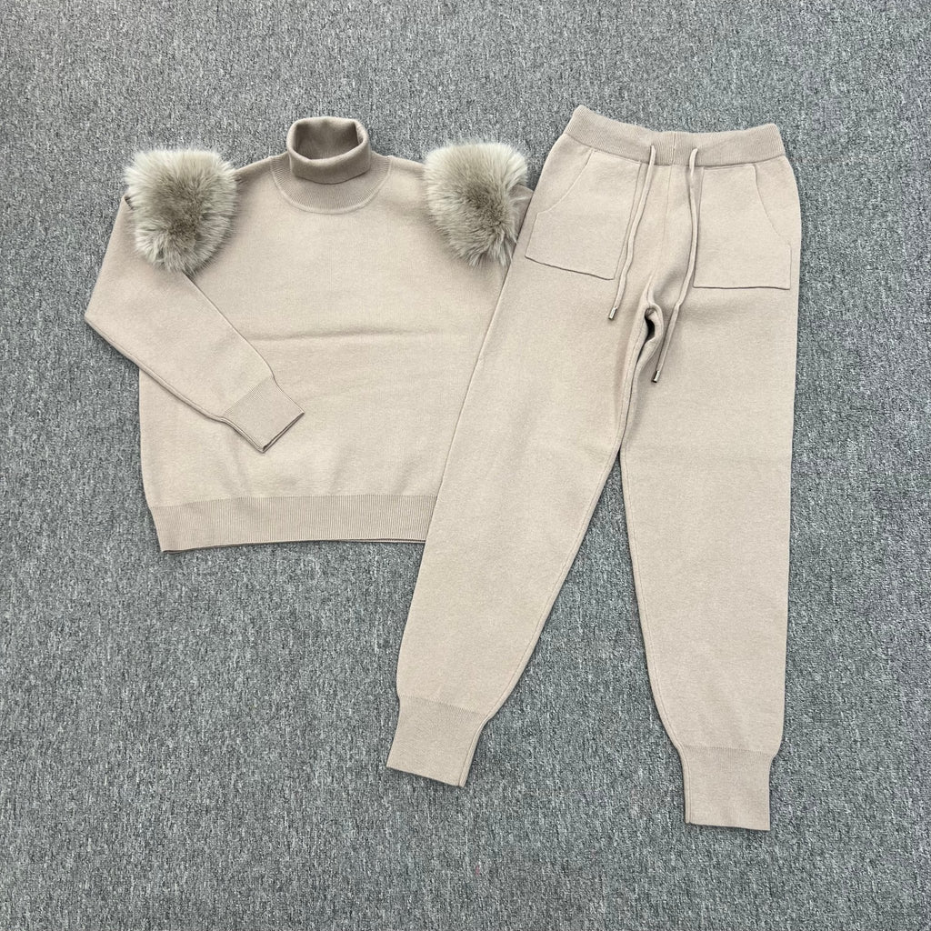 Beige Faux Fur Shoulder Roll Neck Jogger Tracksuit - H&L