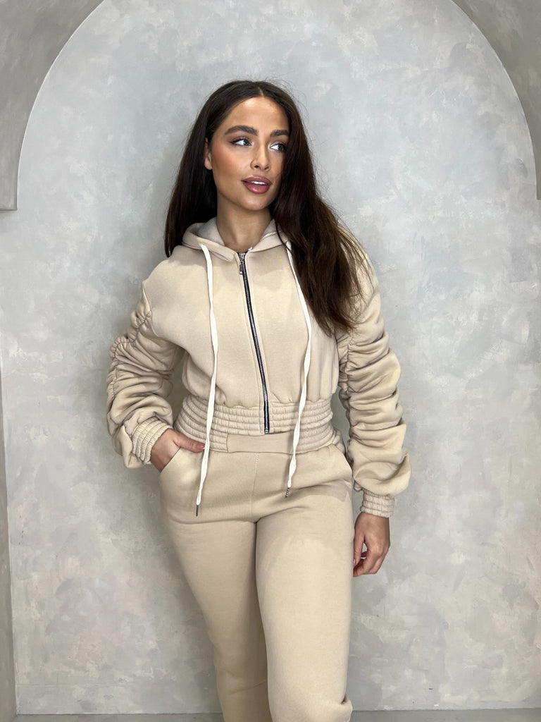 Beige Hooded Ruched Sleeve Tracksuit - H&L