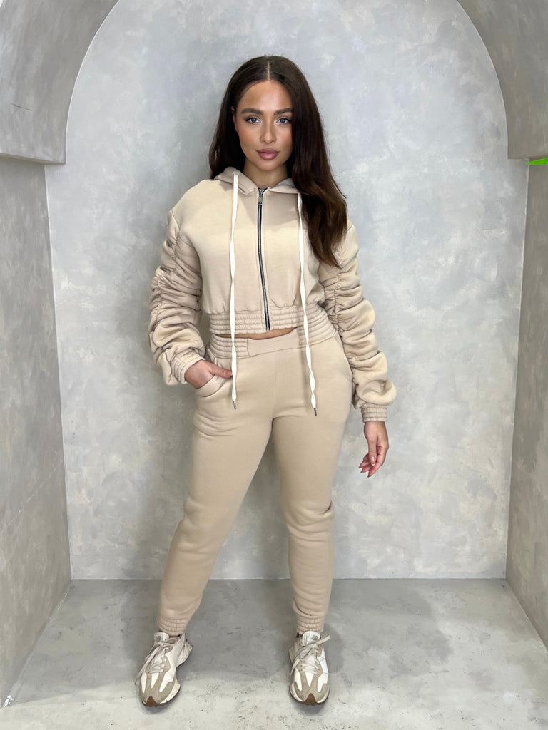 Beige Hooded Ruched Sleeve Tracksuit - H&L