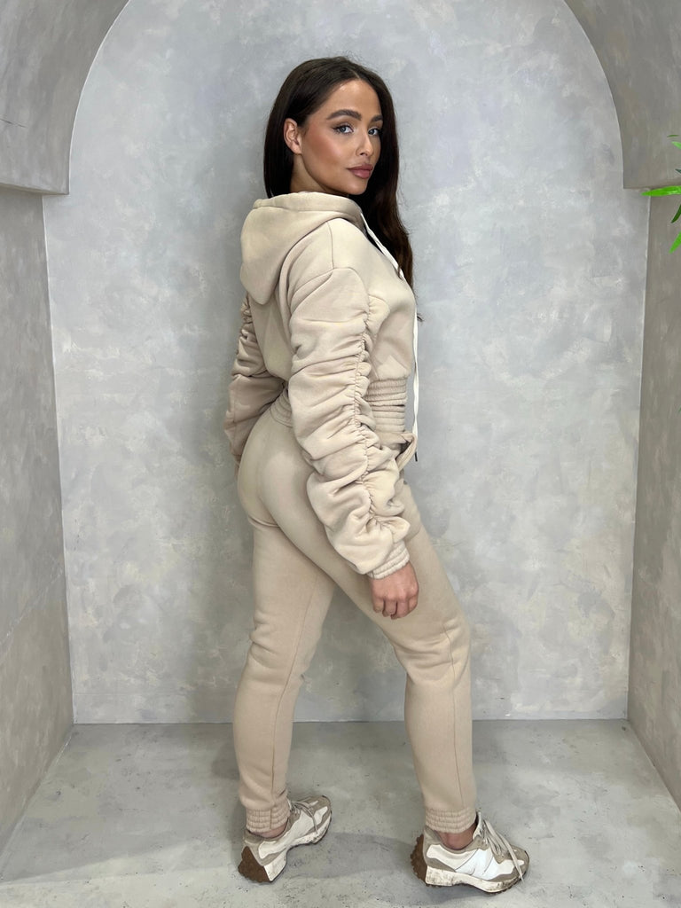 Beige Hooded Ruched Sleeve Tracksuit - H&L