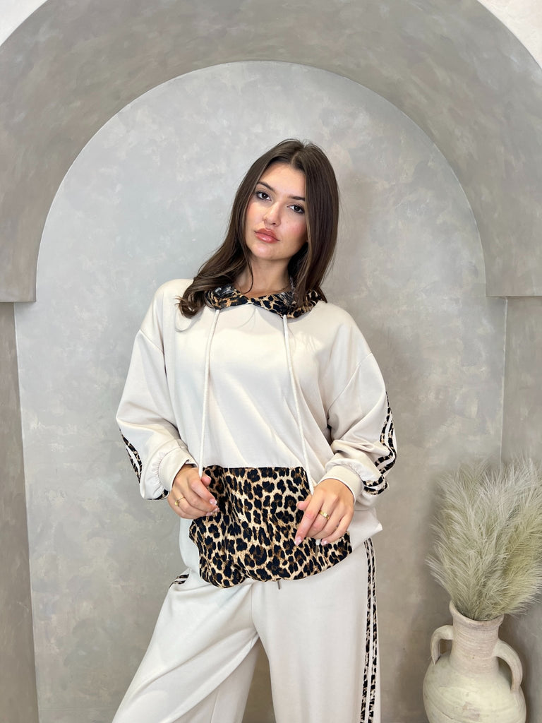 Beige Leopard Print Long Hoodie - H&L