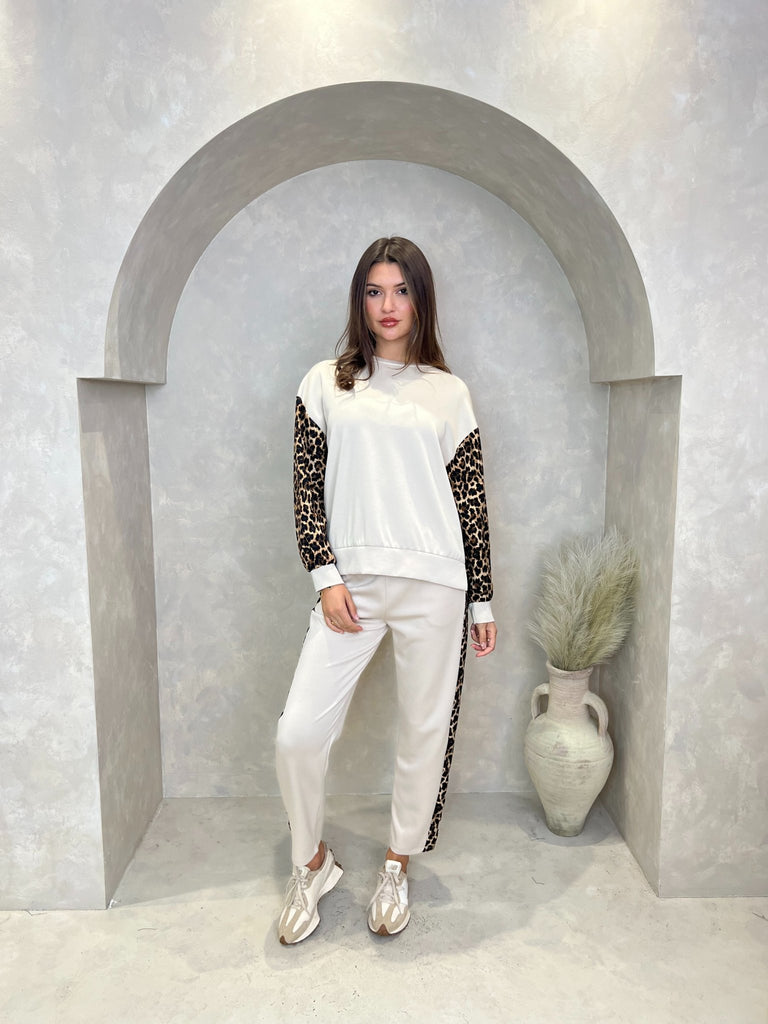 Beige Leopard Print Trim Straight Leg Jogging Bottoms - H&L