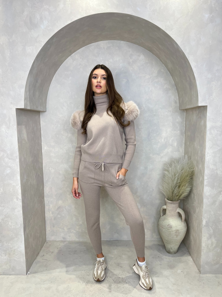 Beige Luxury Fur Roll Neck Jogger Tracksuit - H&L