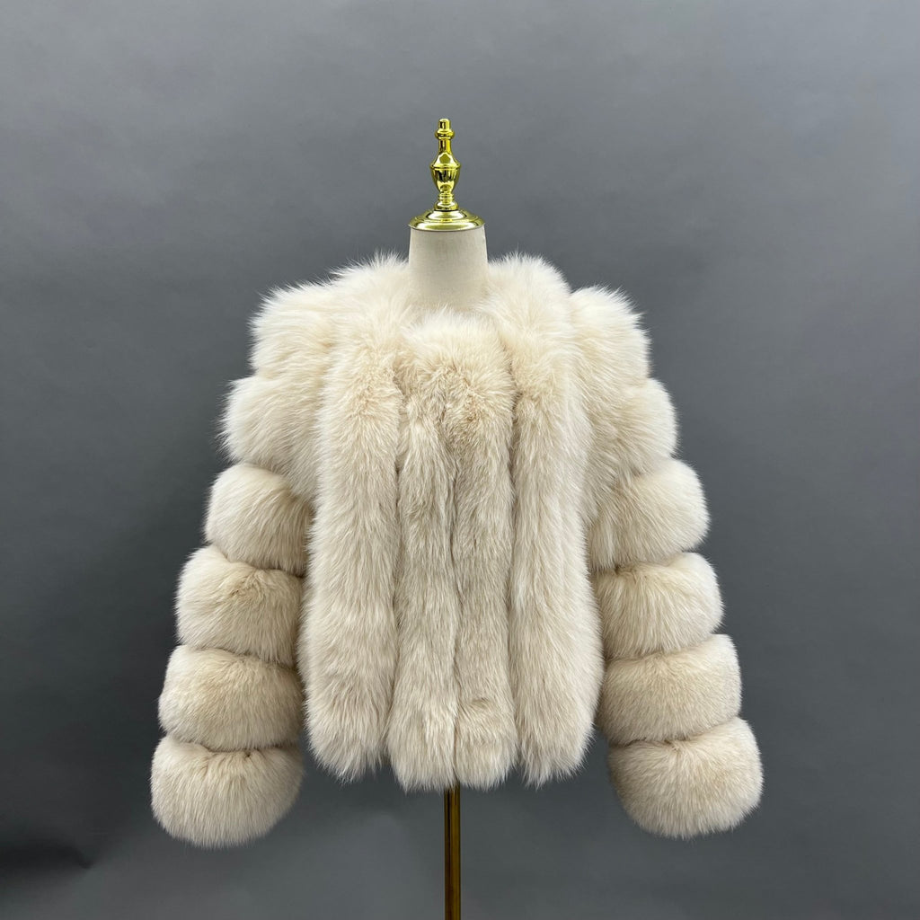 Beige Luxury Fur Vertical Pelt Coat - H&L