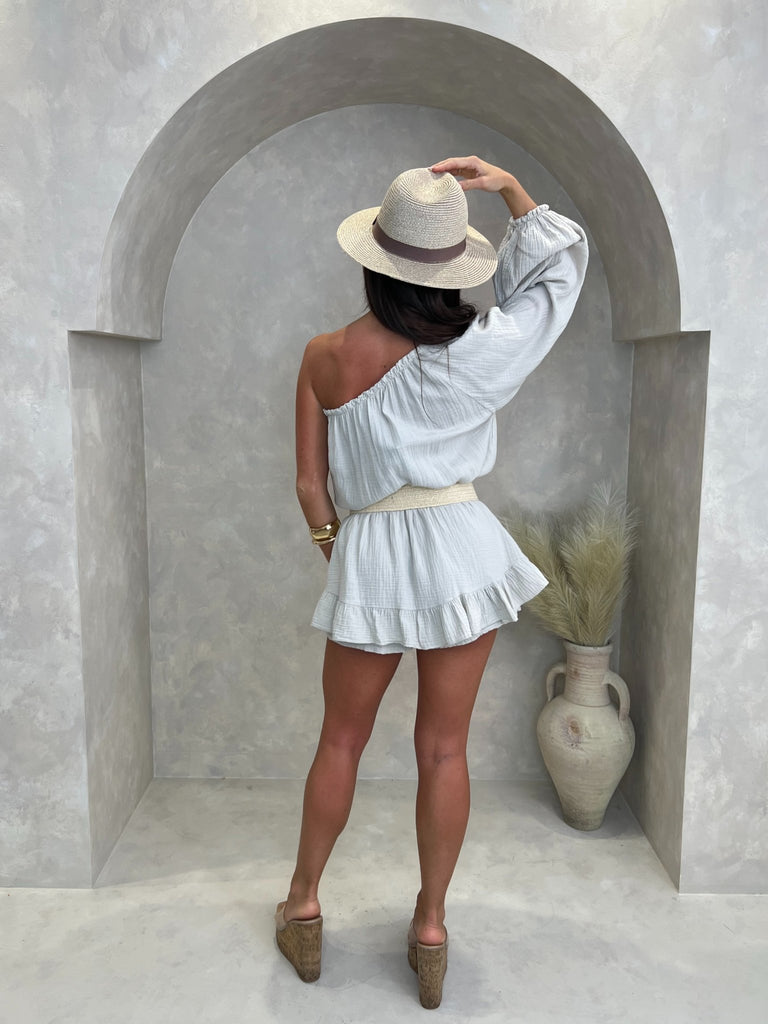 Beige Santorini One Sleeve Playsuit With Skirt Overlay - H&L