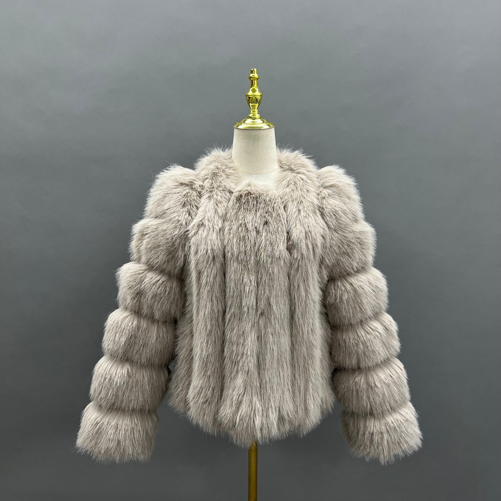 Beige Vertical Design Faux Fur Coat - H&L