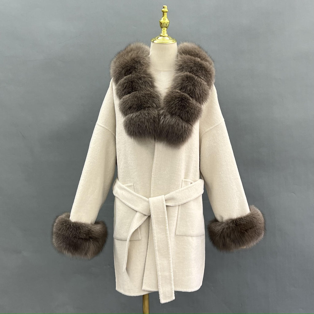 Beige/Chocolate Cashmere Coat With Faux Fur Trim - H&L