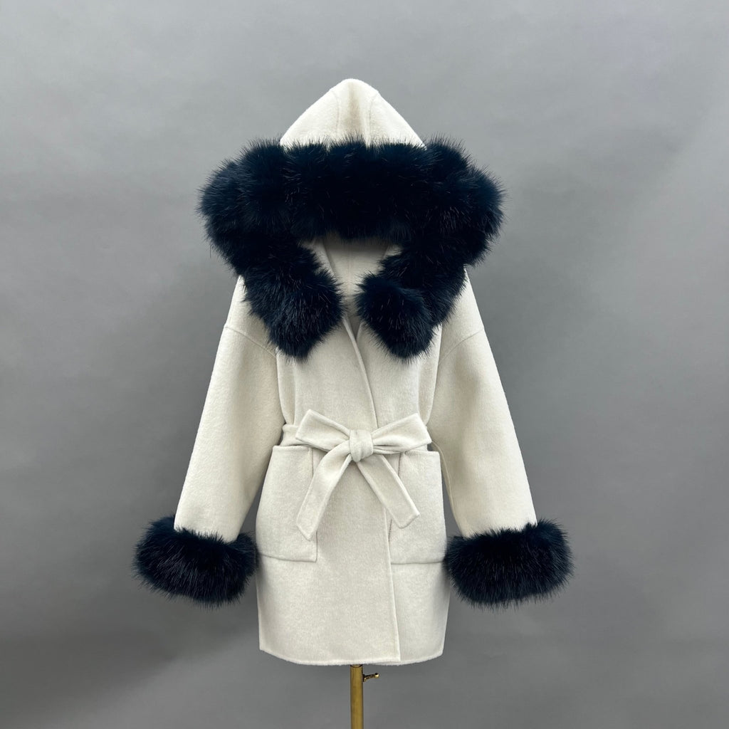 Beige/Navy Cashmere Coat With Faux Fur Trim - H&L