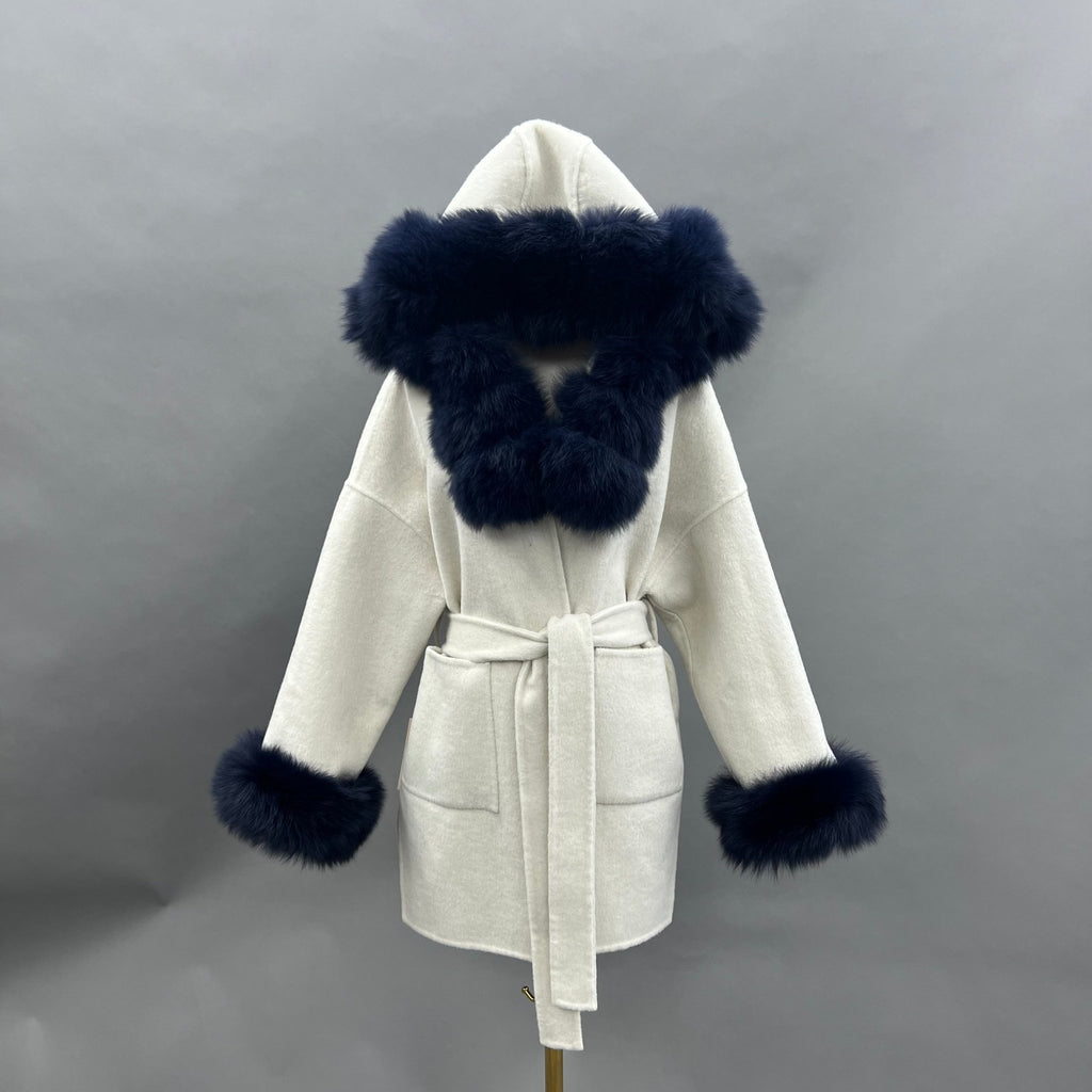 Beige/Navy Cashmere Coat With Fox Fur Trim - H&L