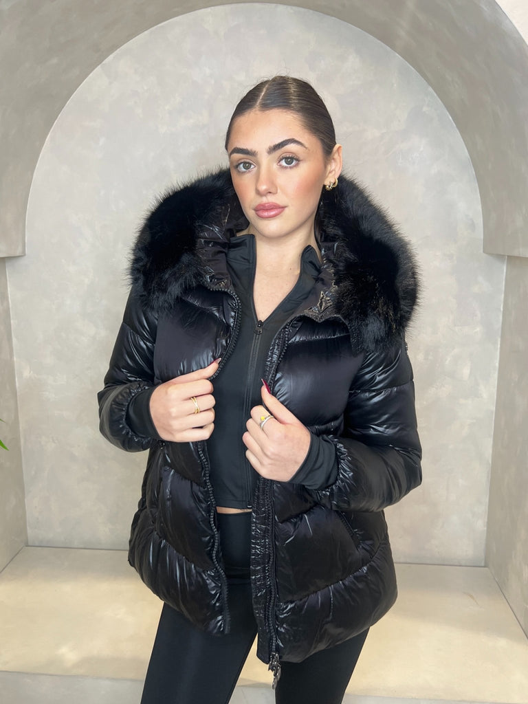 Black Faux Fur Hood Puffer Jacket - H&L