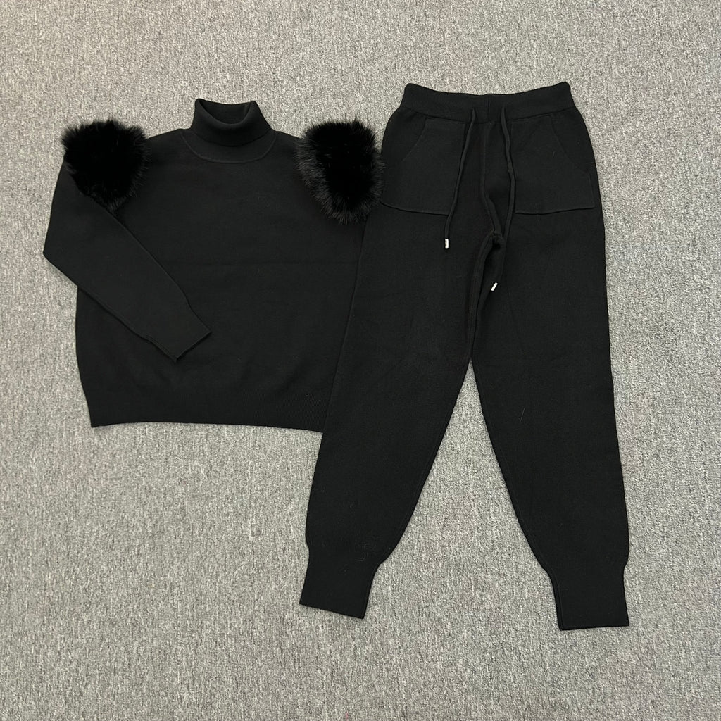 Black Faux Fur Shoulder Roll Neck Jogger Tracksuit - H&L