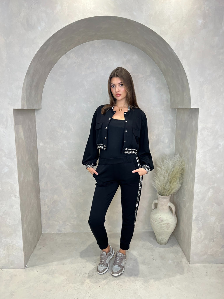 Black Leopard Print Trim Jogging Bottoms - H&L