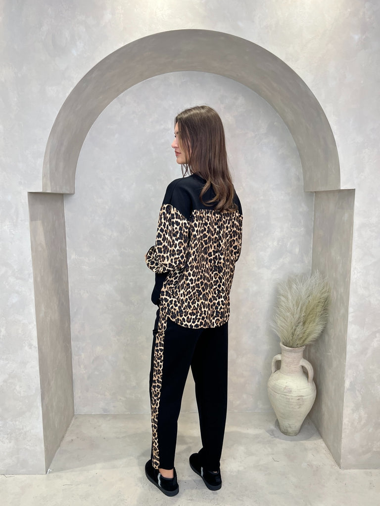 Black Leopard Print Trim Straight Leg Jogging Bottoms - H&L