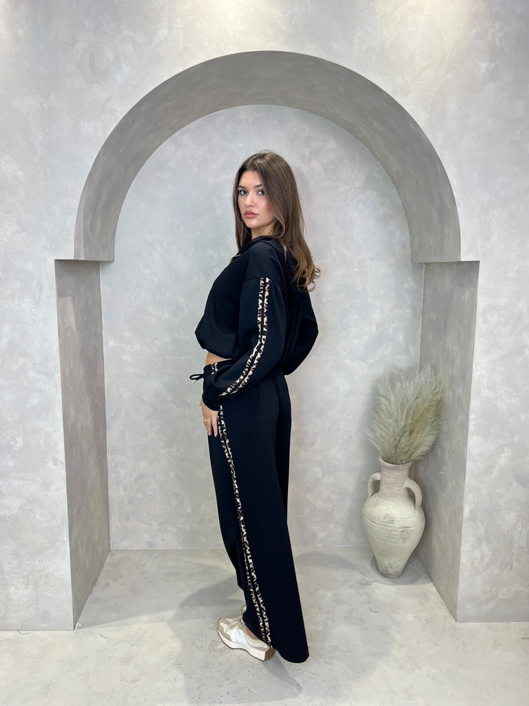 Black Leopard Print Trim Wide Leg Jogging Bottoms - H&L