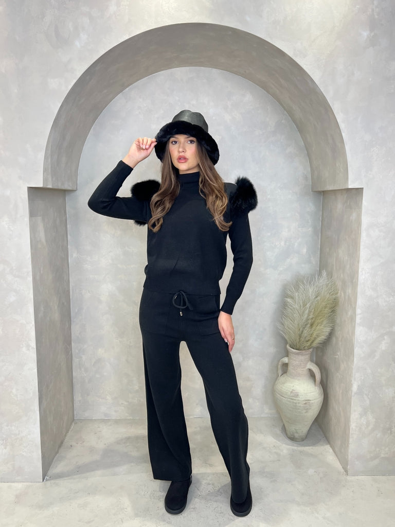 Black Luxury Fur Roll Neck Wide Leg Tracksuit - H&L