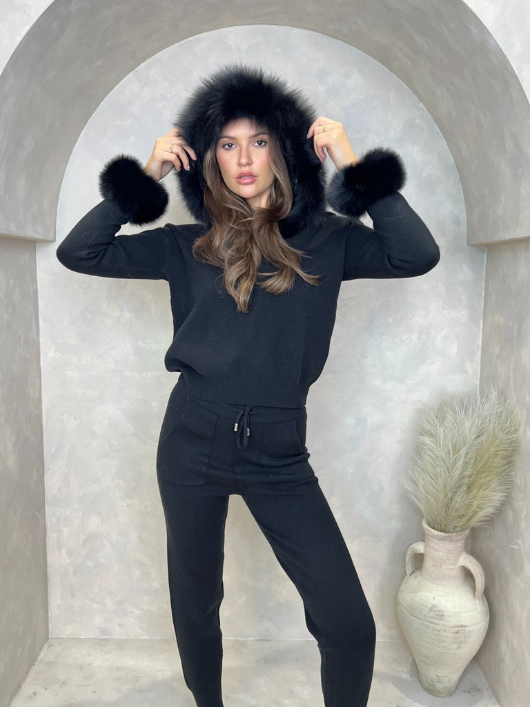 Black Luxury Fur Trim Hood & Cuff Jogger Tracksuit - H&L