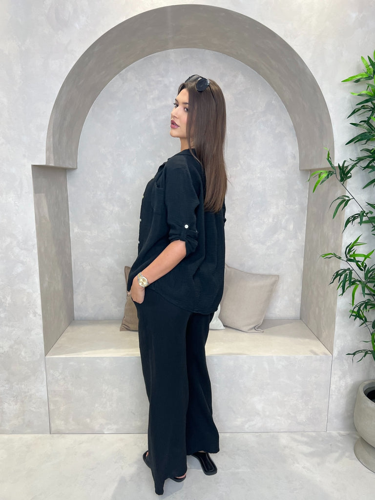 Black Santorini Rolled Sleeve Shirt - H&L