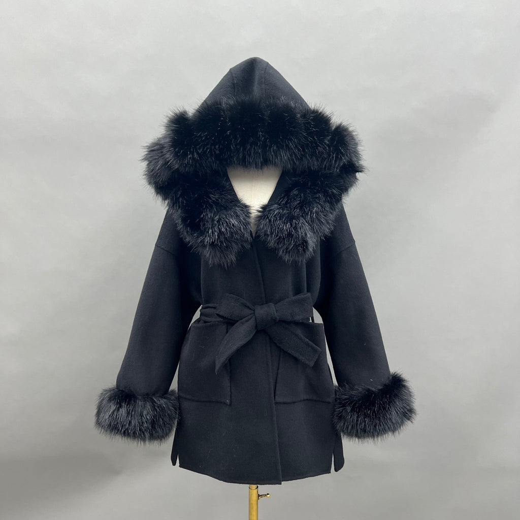 Black/Black Cashmere Coat With Faux Fur Trim - H&L