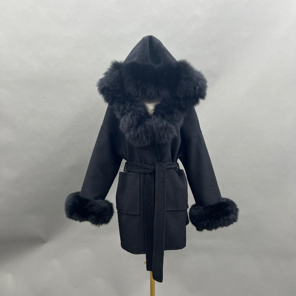 Black/Black Cashmere Coat With Fox Fur Trim - H&L