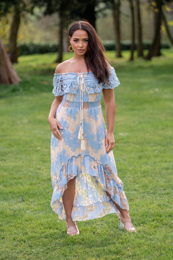 Blue Boho Dipped Hem Bardot Dress - H&L