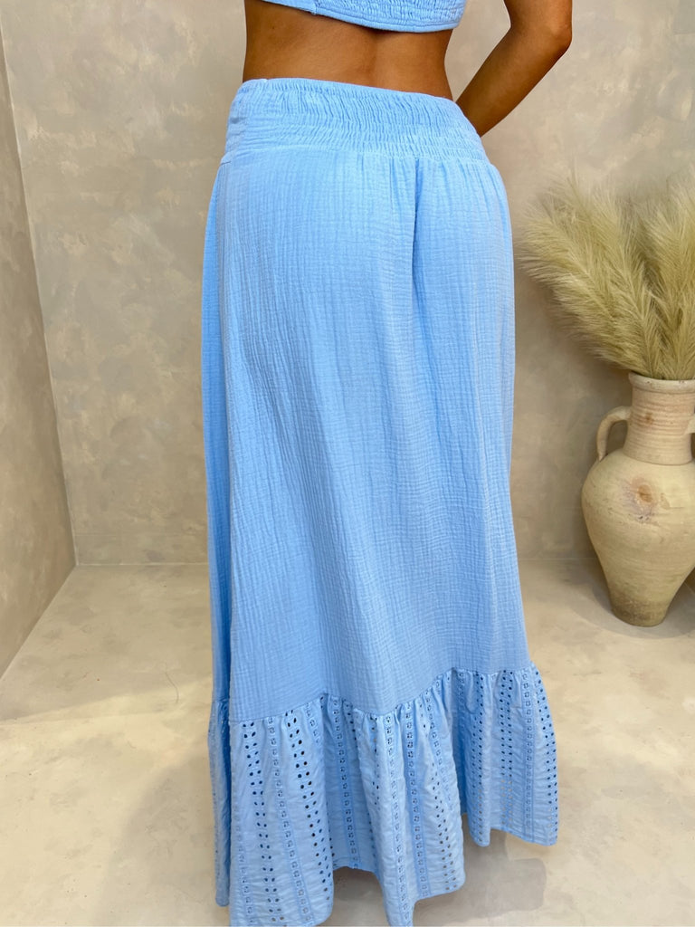 Blue Santorini Broderie Anglaise Frilled Hem Maxi Skirt - H&L