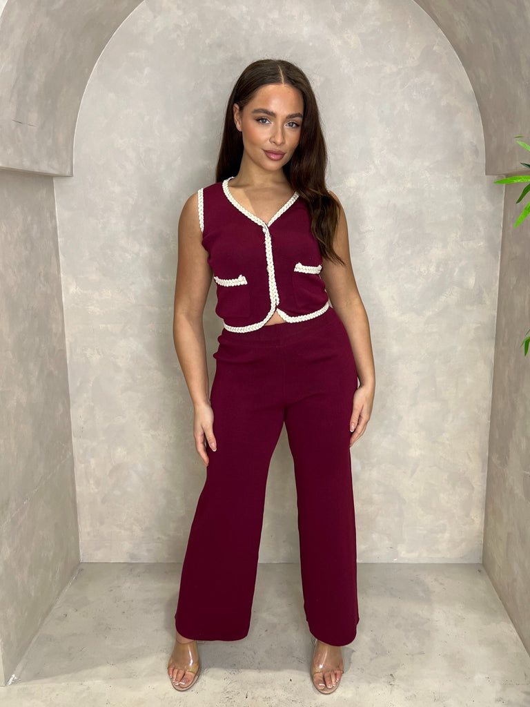 Burgundy Contrast Waistcoat And Wide Leg Trouser Set - H&L