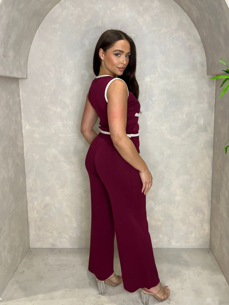 Burgundy Contrast Waistcoat And Wide Leg Trouser Set - H&L