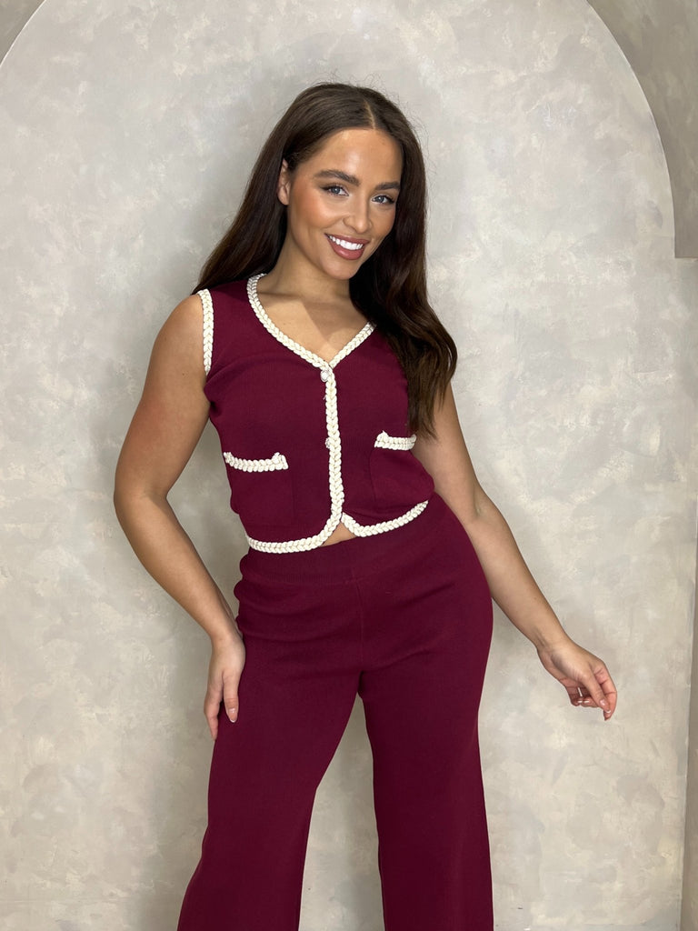 Burgundy Contrast Waistcoat And Wide Leg Trouser Set - H&L