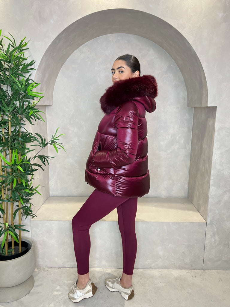 Burgundy Faux Fur Hood Puffer Jacket - H&L