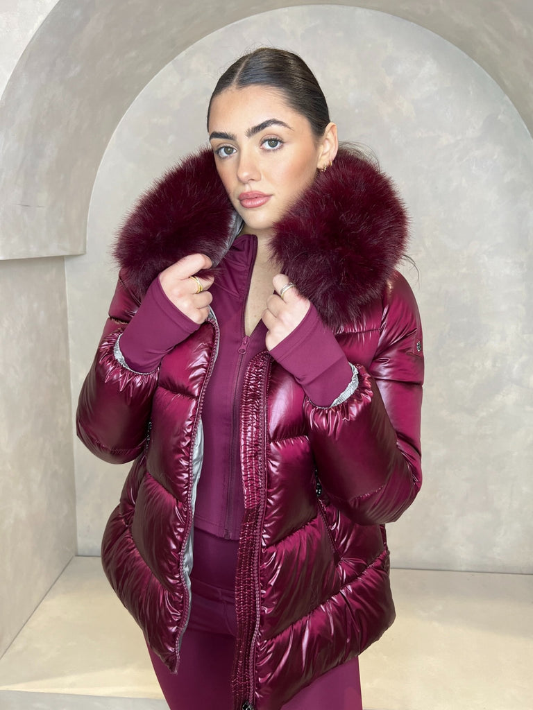 Burgundy Faux Fur Hood Puffer Jacket - H&L