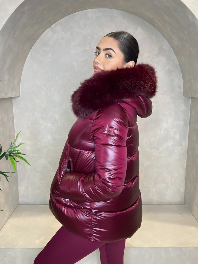 Burgundy Faux Fur Hood Puffer Jacket - H&L