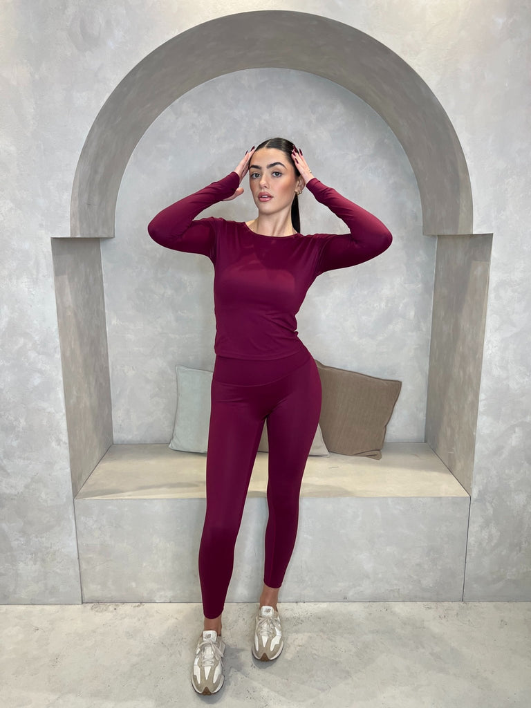 Burgundy Long Sleeve Top And Legging Athleisure Set - H&L