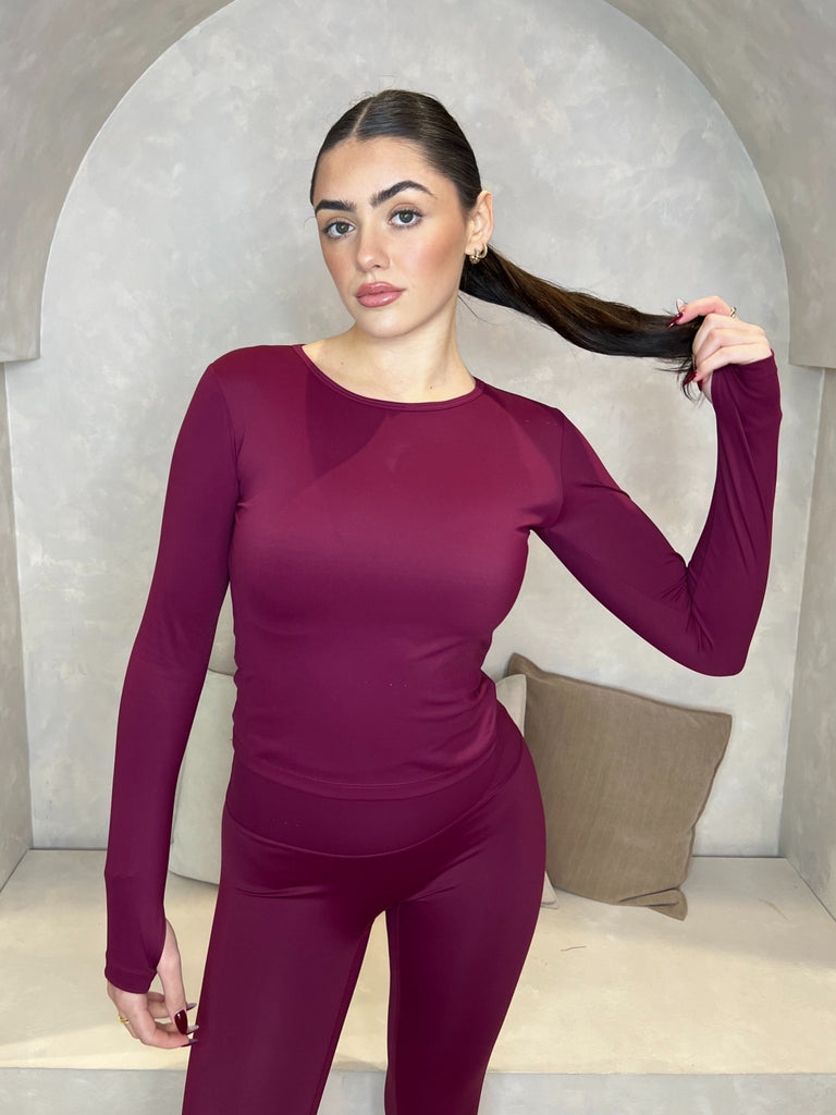 Burgundy Long Sleeve Top And Legging Athleisure Set - H&L