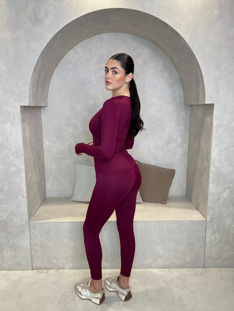 Burgundy Long Sleeve Top And Legging Athleisure Set - H&L