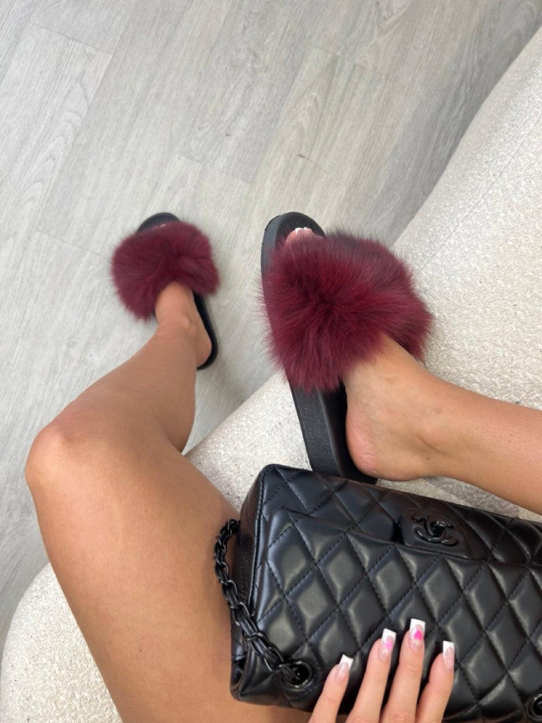 Burgundy Luxury Fur Sliders - H&L