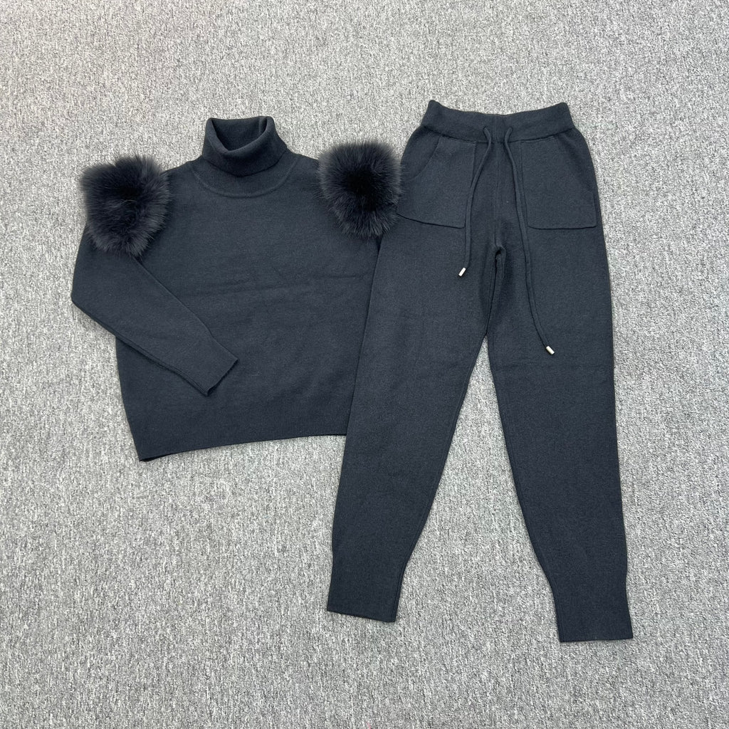 Charcoal Faux Fur Shoulder Roll Neck Jogger Tracksuit - H&L